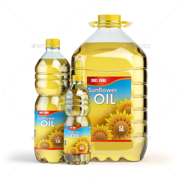 Sunflower oil in plastic bottles isolated on white. Stock Photo by
